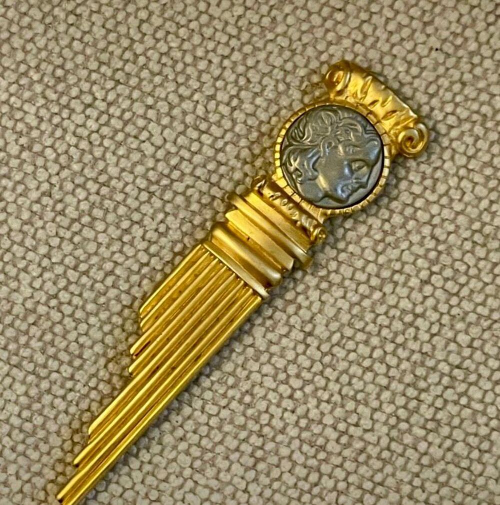 VINTAGE - Greco-Roman Gold-Tone Architectural Brooch w/Silver-Tone Coin Replica